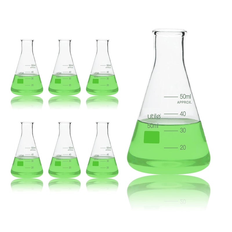 UTILE Glass Erlenmeyer Flask Set, 50ml Narrow Mouth Erlenmeyer Flasks, 6pcs of Borosilicate 3.3 Glass Conical Flasks for Laboratory with Printed Graduation, 4016.0050.6 - Image 1